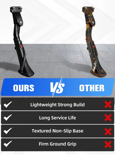 Comparison image highlighting the Ebike Kickstand CNC Machined Aluminum Mount For Ridstar Q20 Q20 Pro Lite Super 73 S2 with competitor's product.