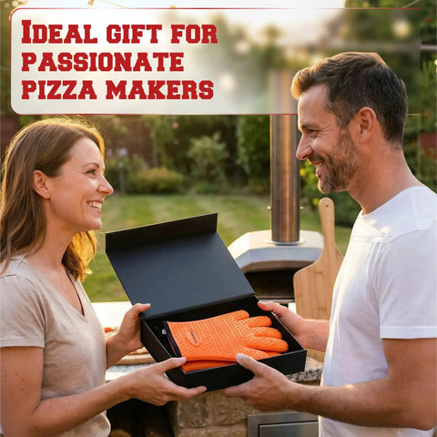 Couple exchanging Silicone Pizza Oven Gloves That Handle 500F Like A Boss Waterproof Oven Mitts For Indoor And Outdoor Ovens