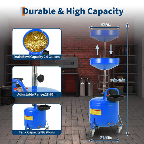 Hoguyexila 8 Gallon Portable Waste Oil Drain Tank Kit, Big Capacity Fluid Pickup Container With Pneumatic Pump For Quick Auto Garage Oil Changes And Vehicle Maintenance Jobs On Road, blue steel drain tank with adjustable funnel