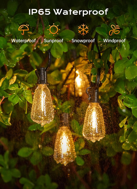 100Ft Outdoor String Lights With Remote Dimmable And Connectable Warm White LED Patio Lighting in rain on lush greenery