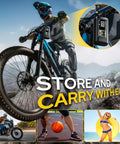 Cyclist using Portable Tire Inflator With Gauge 150 PSI and LED Light for bike tires, motorcycle, ball, and pool floatation.