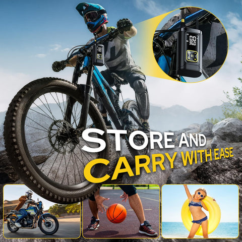 Cyclist using Portable Tire Inflator With Gauge 150 PSI and LED Light for bike tires, motorcycle, ball, and pool floatation.