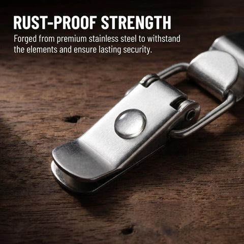 Close-up of stainless steel latch from 4 Pack 90 Degree Toggle Latches With 16 Stainless Screws For Tool Boxes Cabinets And Storage Chests Built Tough Ready To Lock Down Right Angle Draw Latch Catch Kit Heavy Duty Rust Resistant Simple Install.