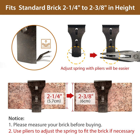 Diagram showing Heavy Duty Brick Wall Clips For Outdoor Hangs No Drill No Nails Fits Two And A Quarter To Two And Three Eighths Inch Bricks.