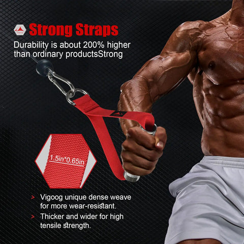 Rock Solid Aluminum Alloy Workout Handles with durable red straps and sturdy clips for cable machines and lat pulldowns.