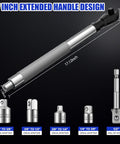 One Half Inch Offset Extension Wrench For Impact Drills With Three Eighths Inch And One Quarter Inch Adapters, shown with various adapters.