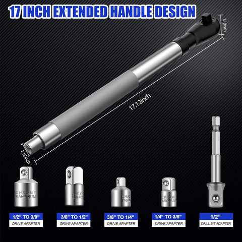 One Half Inch Offset Extension Wrench For Impact Drills With Three Eighths Inch And One Quarter Inch Adapters, shown with various adapters.