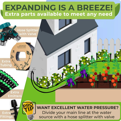 Drip Irrigation System Kit Complete Garden Watering Solution With Adjustable Emitters setup diagram with extra parts displayed