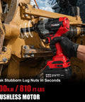 21 Volt Cordless Half Inch Drive Impact Wrench with Brushless Motor loosening lug nuts on machinery, gloved hand holding tool