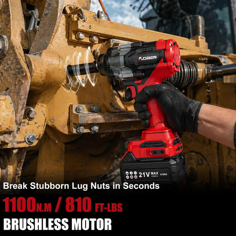 21 Volt Cordless Half Inch Drive Impact Wrench with Brushless Motor loosening lug nuts on machinery, gloved hand holding tool