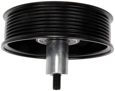 Dorman 419-685 belt idler pulley, black ribbed pulley with metal shaft, front view