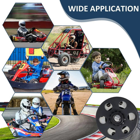 Centrifugal Clutch Set For Go Kart Mini Bike With Five Eighths Bore Twelve Tooth Sprocket And Hardware Kit With Number 35 Chain Fits Predator 212cc And Two To Six Point Five HP Engines Honda Clone Briggs Tecumseh; image showing multiple karting applications and clutch insets.
