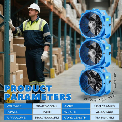 Warehouse worker beside stacked 16.5 Inch Axial Blower Exhaust Fans with 4000 CFM for industrial use in shops and construction sites