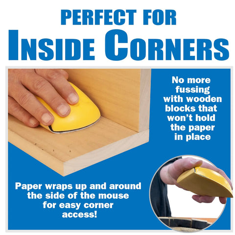 Person using 5 Inch Sanding Mouse Block With Hook And Loop Pad For Tight Spaces on wooden corner, showing ergonomic grip