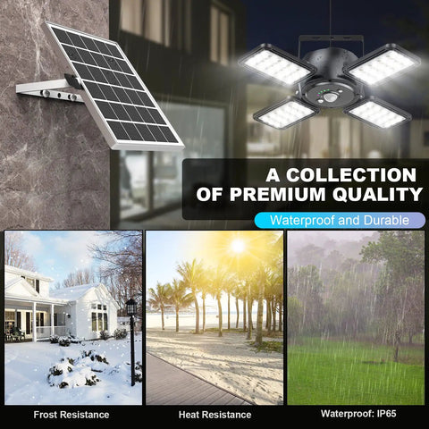 Heavy Duty Solar Shed Lights With Four Bright Heads Offering 1200 Lumens And Kickass Motion Sensor Detection Plus Remote Control mounted with solar panel.