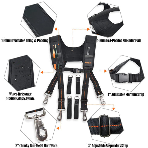Tool Belt Suspenders For Men Nail Bag And Construction Tool Bag harness with EVA padding, adjustable straps, and metal hardware.