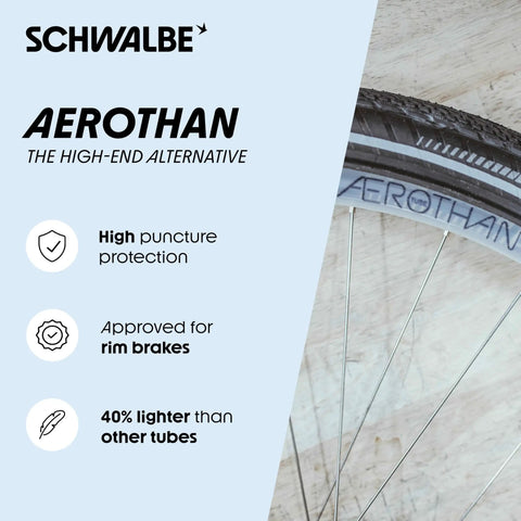 Aerothan Tube Ultra Lightweight TPU Bicycle Inner Tube For MTB Mountain Bikes Trekking Gravel Cargo And BMX Heat Resistant Pro Grade Low Rolling Resistance Rim Brake Ready Made In Germany on a bicycle rim