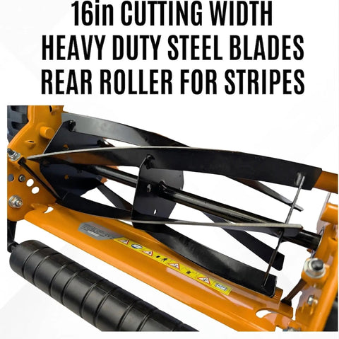Close-up of Lightweight 16 Inch Push Lawn Mower With Rear Roller For Stripes and heavy duty steel blades