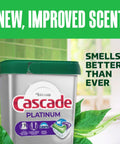 Box of Cascade Platinum ActionPacs Dishwasher Detergent Pods with new, improved scent, labeled for powerful cleaning and fresh scent.