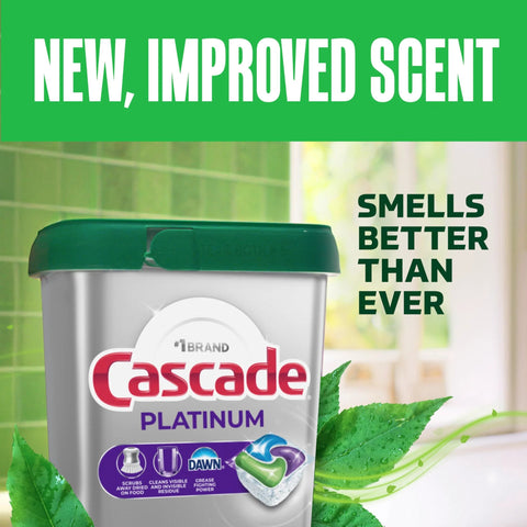 Box of Cascade Platinum ActionPacs Dishwasher Detergent Pods with new, improved scent, labeled for powerful cleaning and fresh scent.