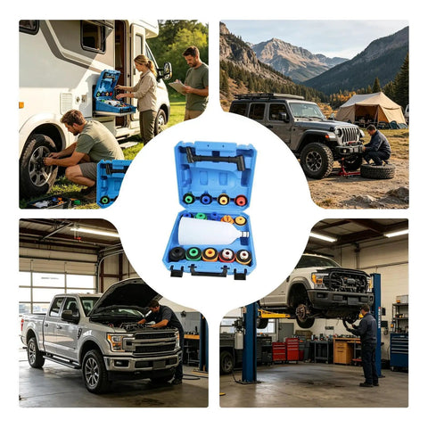 No More Messy Oil Pouring With This Universal Flexible Funnel Kit Featuring A Spill-Proof Splash Guard And Smart Adapter Design For Clean, Easy Engine Refills Every Single Time Without The Gunk. 16-piece kit in blue case with adapters for vehicles.