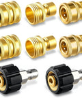 Pressure Washer Quick Connect Kit With M22 14mm Brass Adapter Set Swivel To Three Eighth Inch Quick Release Disconnect And Three Quarter Inch Fittings For Gas Powered Washers Spray Gun Connector showing brass adapters and connectors.