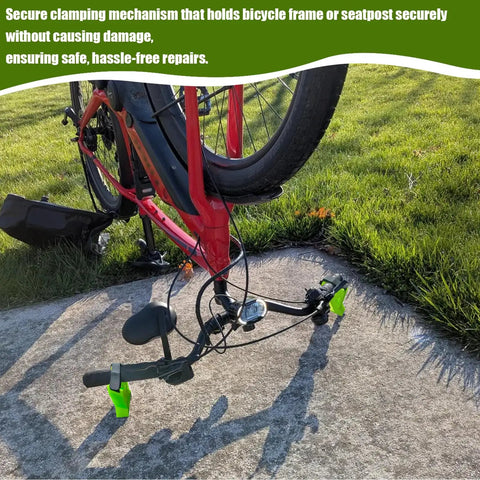 Rock Solid Portable Bike Repair Stand For Electric, Mountain And Road Bikes holding red bicycle on concrete outdoors