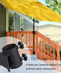 Heavy Duty Patio Umbrella Holder Clamp Mount For Deck Railings And Outdoor Spaces attached to deck with umbrella