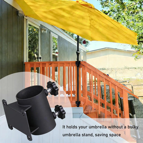 Heavy Duty Patio Umbrella Holder Clamp Mount For Deck Railings And Outdoor Spaces attached to deck with umbrella