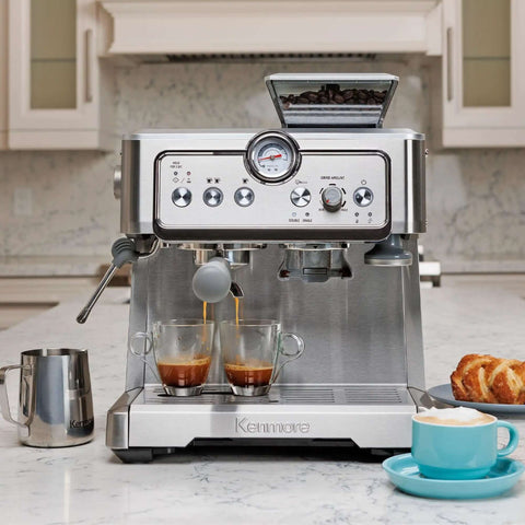 Barista Grade Home Espresso Machine With 9 Bar Pressure Automatic Coffee Maker Manual Tamper Auto Cleaning Built In Bean Grinder Milk Steamer And Frother Brews Cafe Style Cappuccino And Latte At Home on kitchen counter