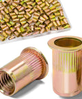 Tray of zinc-plated 1/4-20 rivet nuts; knurled body, flat-head, deep threads, plus two larger loose rivet nuts.