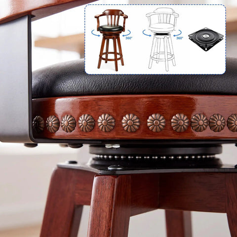 Straight Up Heavy Duty Bar Stool Swivel Plate Replacement With Smooth 360 Spin And Rock Solid Ball Bearing Support For Recliners Rockers Boats And Lazy Susan Upgrades, viewed from the side showcasing wood and black leather seat.