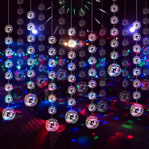 8 Pack Mini Disco Ball Garlands Silver Mirror Balls Hanging Banner Silver Streamer Curtains for party backdrop and decor