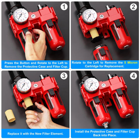 Steps for replacing filter in Three Eighths Inch NPT Air Filter And Pressure Regulator With Water And Oil Trap Separator Combo And Gauge 0 To 150 PSI For Air Tools And Compressors Manual Drain AC3010 03M