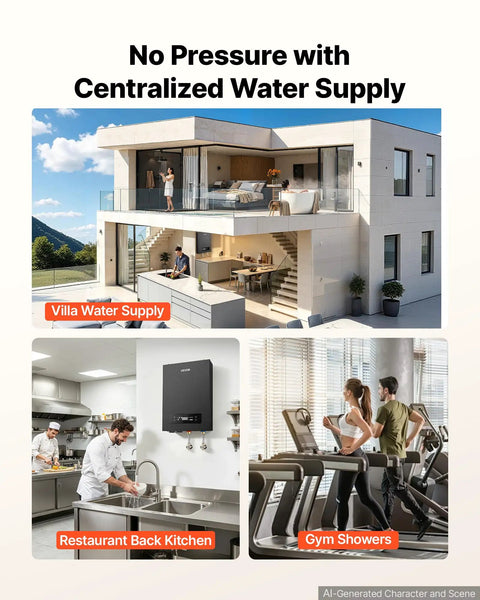 Handles Heavy Duty Plumbing With This 36 Kw Tankless Electric Water Heater shown in villa, restaurant kitchen, and gym for on-demand use.