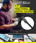 Man using Big Read Digital Caliper 0 to 6 inches with inch metric fractions display, stainless steel in workshop setting.