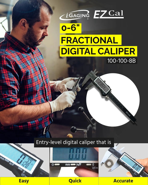 Man using Big Read Digital Caliper 0 to 6 inches with inch metric fractions display, stainless steel in workshop setting.