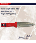 Razorsharp Hori Hori Multi Tool All In One Stainless Steel Blade For Digging Weeding Cutting Planting And Measuring Includes Holster And Belt Loop Serrated And Straight Edges Depth Markings dimensions view, 330mm stainless blade with red handle