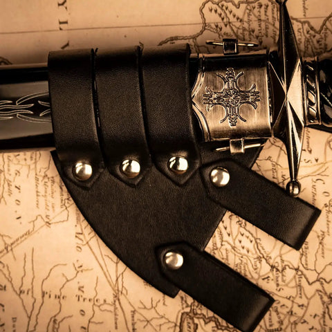 Universal Leather Sword Frog With Steel Hardware, Compatible With Long Swords And Rapiers, diagonal hang, black leather on map