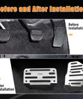 Before and after view of Two Pack Non Slip Car Pedal Pads For Automatic Transmission installation, showing silver aluminum alloy covers.