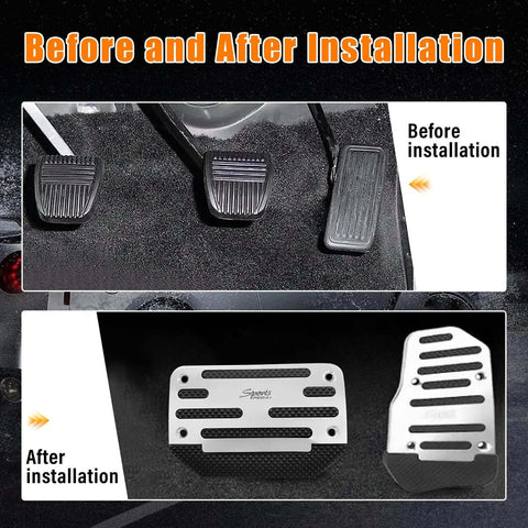 Before and after view of Two Pack Non Slip Car Pedal Pads For Automatic Transmission installation, showing silver aluminum alloy covers.