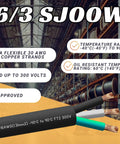 16/3 SJOOW Heavy Duty Rugged Power Cable Cord 10 Ft 16 3 SJOOW 16 AWG with pure copper strands and rated up to 300 volts.