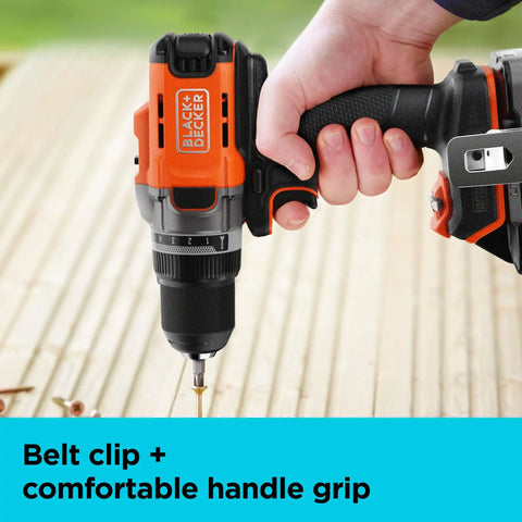 Person using 20V Max Cordless Drill Driver With Battery And Charger Included Powerful Torque For Screwdriving And Drilling on deck