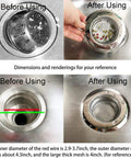 Large Diameter Stainless Steel Sink Strainer With Lid And Drain Filter Keeps Clogs Away In Kitchen And Bathroom Basket Catcher Simple Clog Blocker Durable Drain Protector 2 Pack shown before and after usage.