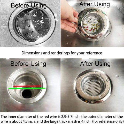 Large Diameter Stainless Steel Sink Strainer With Lid And Drain Filter Keeps Clogs Away In Kitchen And Bathroom Basket Catcher Simple Clog Blocker Durable Drain Protector 2 Pack shown before and after usage.
