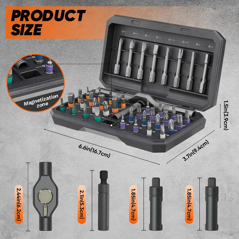 Forty Two In One Magnetic Screwdriver Set with Ratchet Handle in an open grey box showing multiple bits and product dimensions