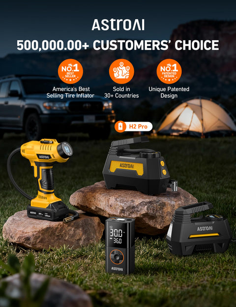 H2 Pro Cordless Tire Inflator Portable Air Compressor with Dual Power 12V DC and Battery Supplies near camping scene