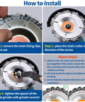 Installation steps for 15 Piece Pro Grade Wood Carving Kit For Angle Grinders 4 Inch To 4.5 Inch with 22 Tooth Chain Disc shown