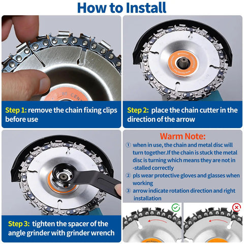 Installation steps for 15 Piece Pro Grade Wood Carving Kit For Angle Grinders 4 Inch To 4.5 Inch with 22 Tooth Chain Disc shown