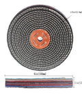 Denim Buffing Wheel For Bench Grinder And Die Grinder, Six Inch By One Inch Thick With Half Inch Arbor, front view and side profile